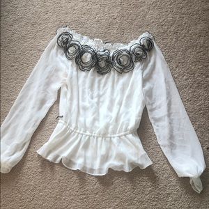 White Black Floral Boat Neckline Elastic Blouse